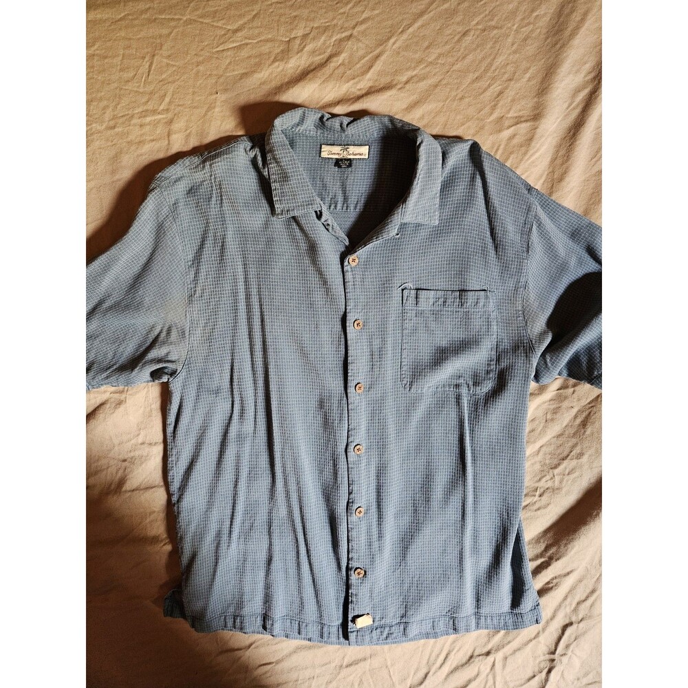 Tommy Bahama Men's XL Silk Short Sleeve Button Down Shirt Textured Blue Waffle